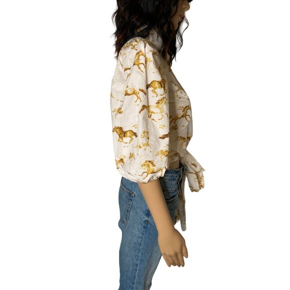 Ganni Weston Horse Print Wrap Blouse Puff Sleeve Button Down White XS - Picture 5 of 10